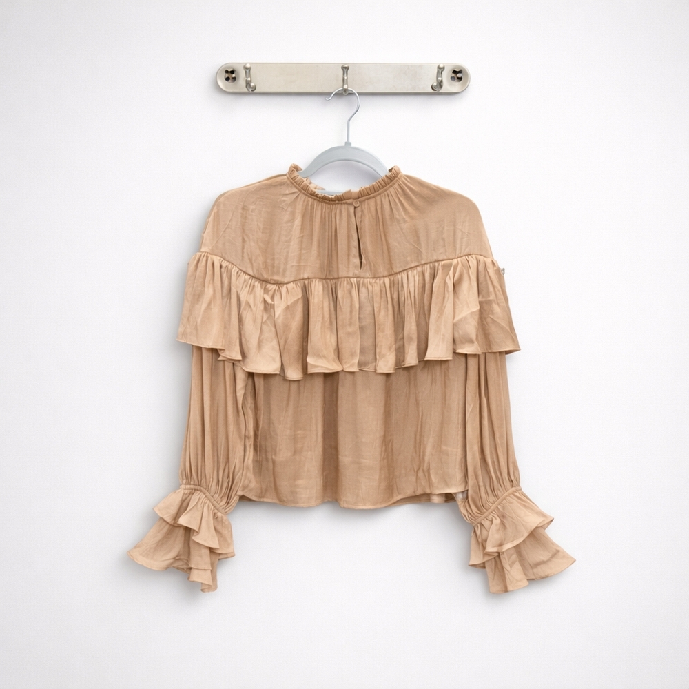 The Drop “Miriam” Feminine Ruffle Blouse – Camel | New With Tags - Picture 2 of 9